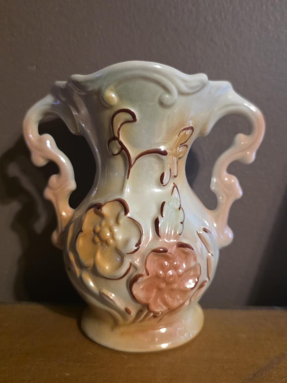 Vintage Porcelain Floral Double-Handled Vase in Pink and Cream